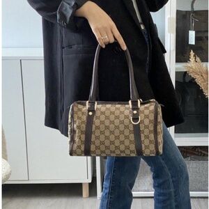 Authentic Gucci GG Canvas Abbey Boston Tote D-Ring Shoulder Leather Handbag